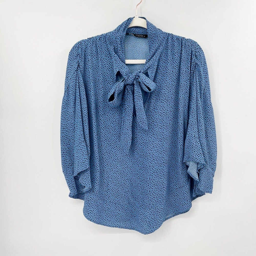 Zara Dotted‎ Tie-Neck Blouse Sz S Blue Flared Sleeve Relaxed Fit Pullover Casual